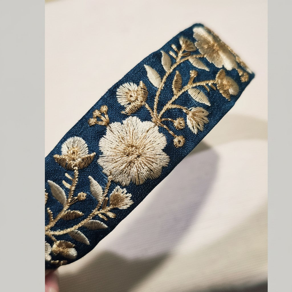 金線花朵・孔雀藍刺繡緞帶髮箍