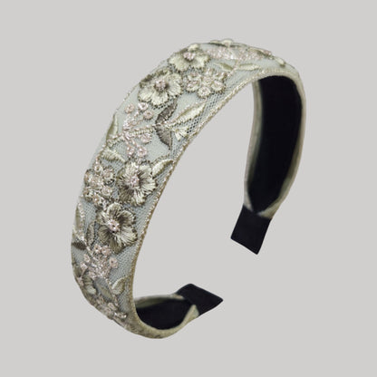 銀蕊花簇・綠色刺繡緞帶髮箍