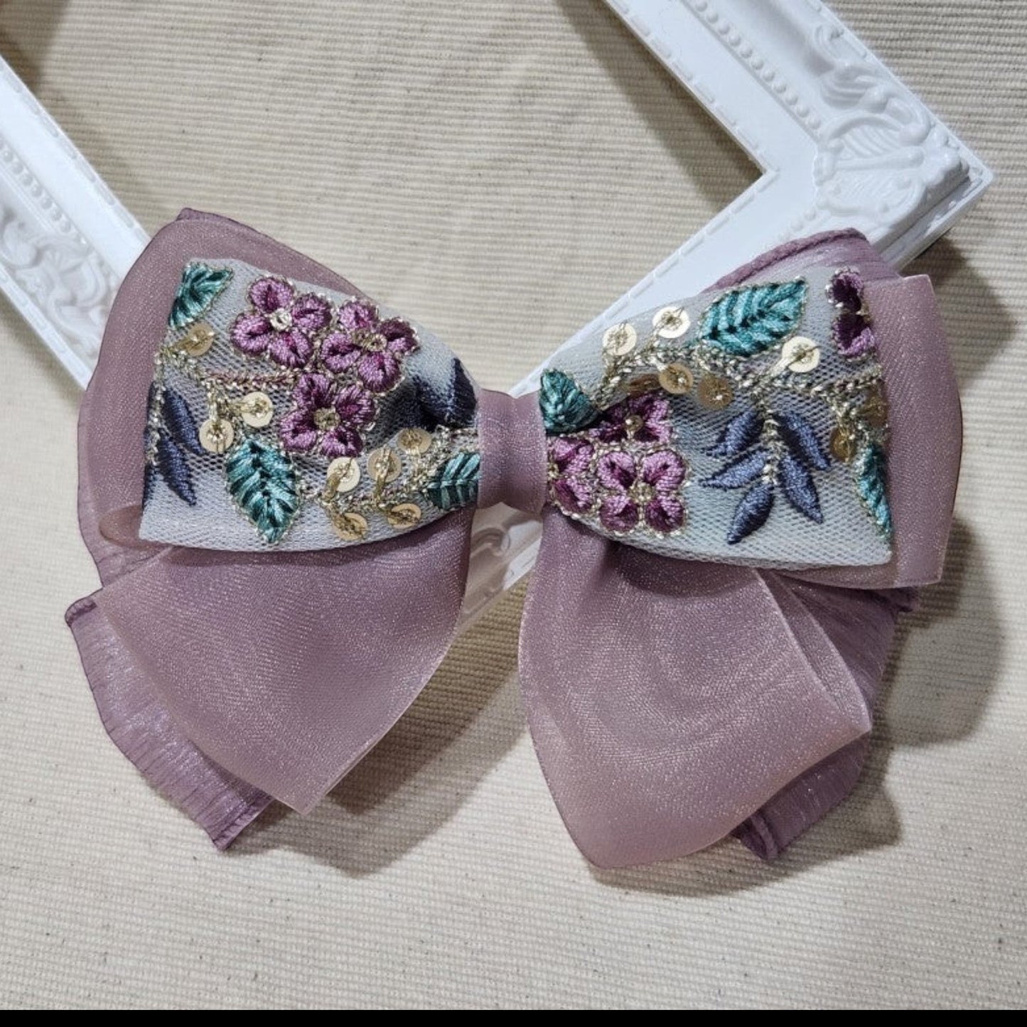 藕紫花簇・刺繡緞帶蝴蝶結髮飾