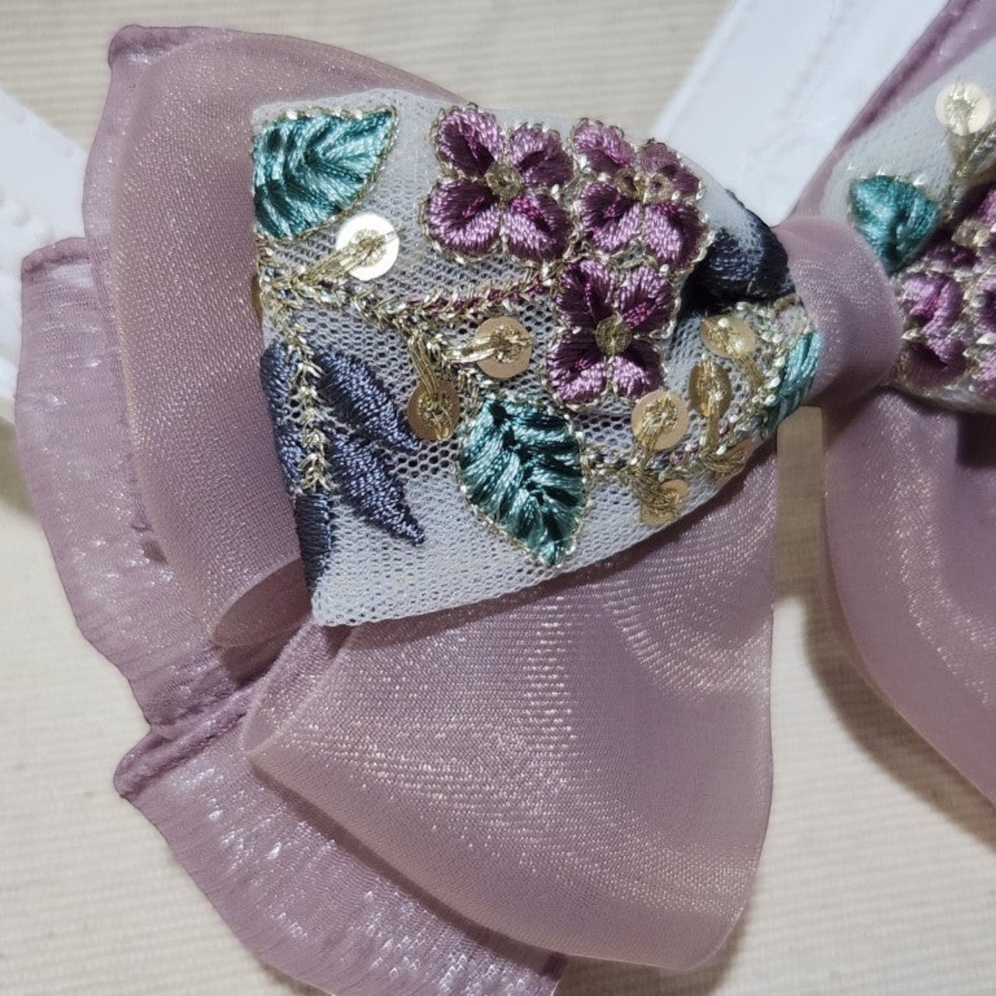 藕紫花簇・刺繡緞帶蝴蝶結髮飾