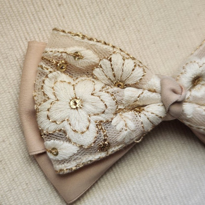 典雅春杏・刺繡緞帶蝴蝶結髮飾