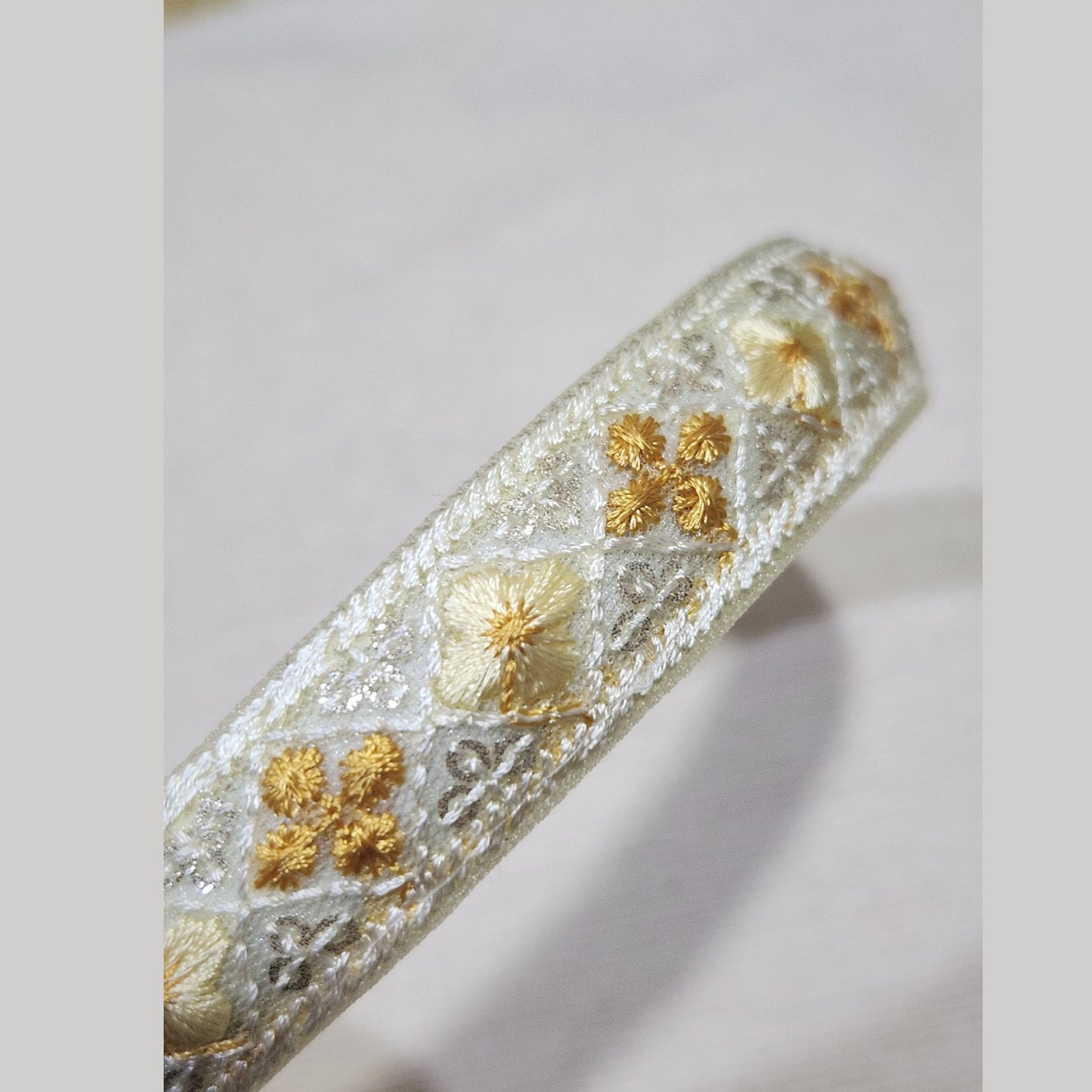 菱格小花・黃色刺繡緞帶細髮箍