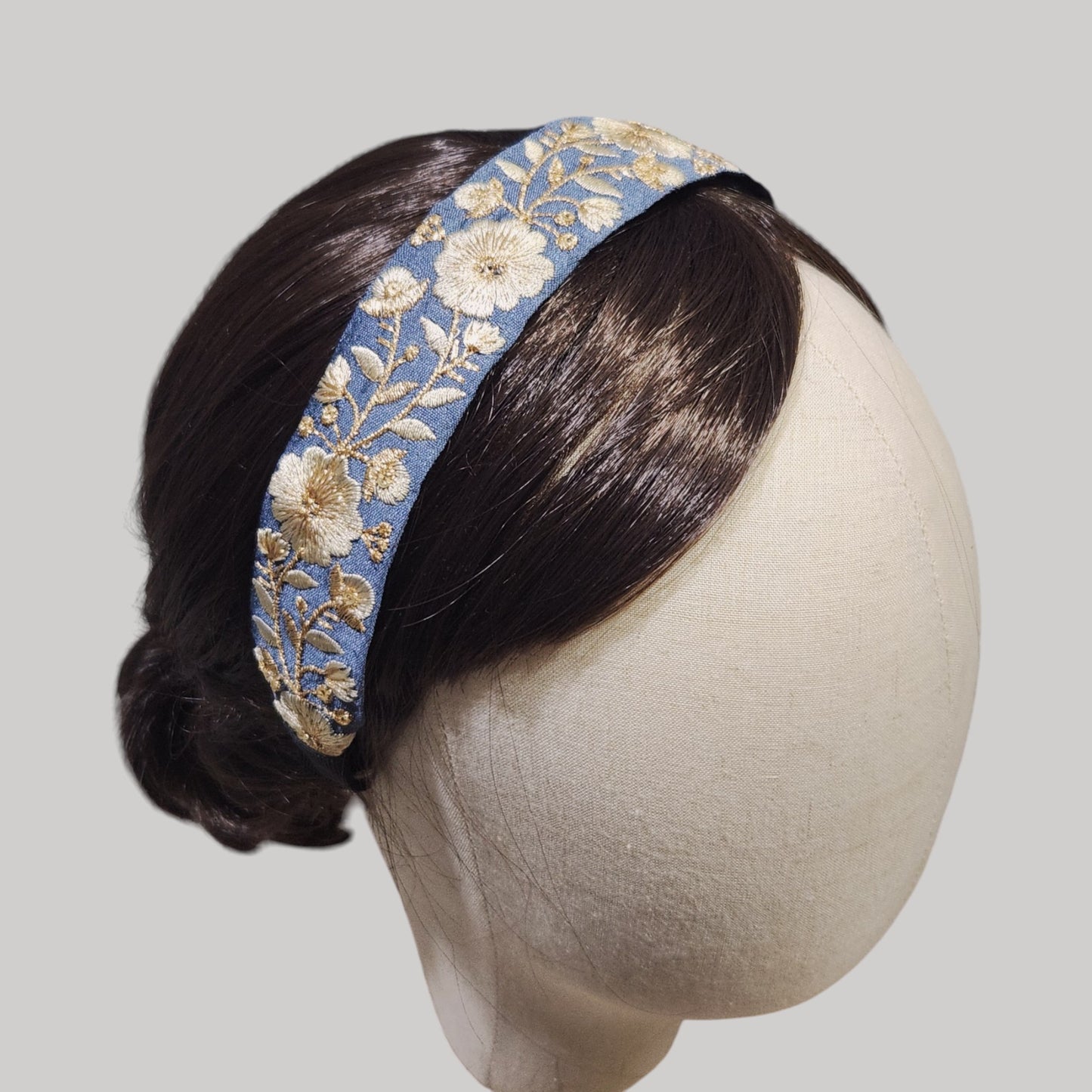 金線花朵・藍色刺繡緞帶髮箍