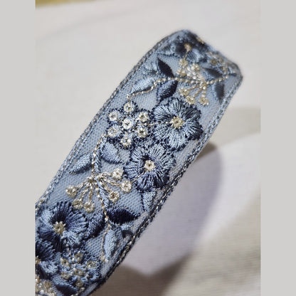 銀蕊花簇・灰藍色刺繡緞帶髮箍