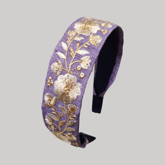 金線花朵・紫色刺繡緞帶髮箍