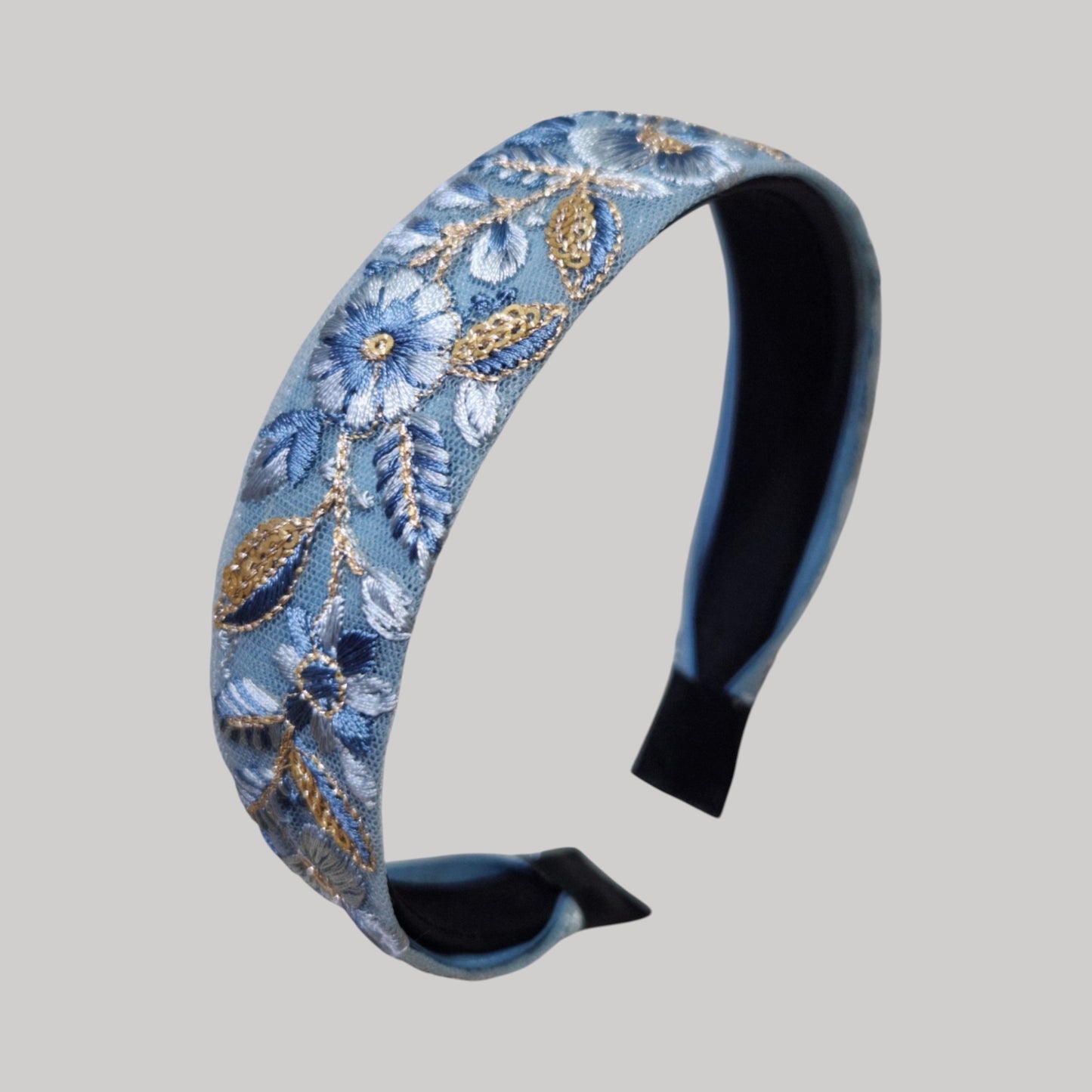 湛藍花園・藍色刺繡緞帶髮箍