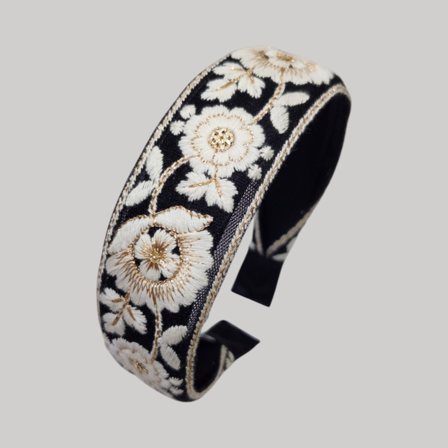 白花鑲金線・黑色刺繡緞帶寬髮箍