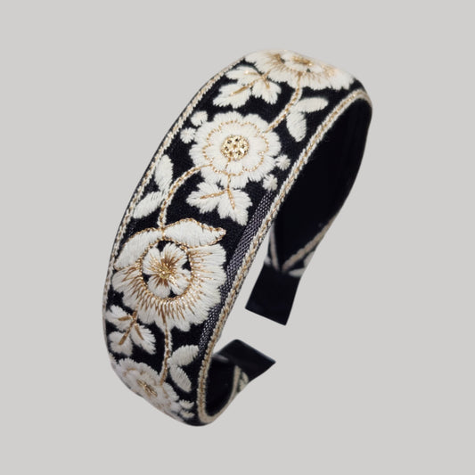白花鑲金線・黑色刺繡緞帶寬髮箍