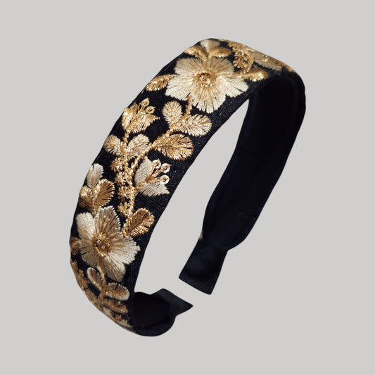 金線星芒花・黑色刺繡緞帶髮箍