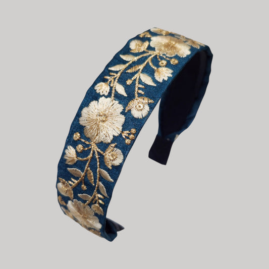金線花朵・孔雀藍刺繡緞帶髮箍