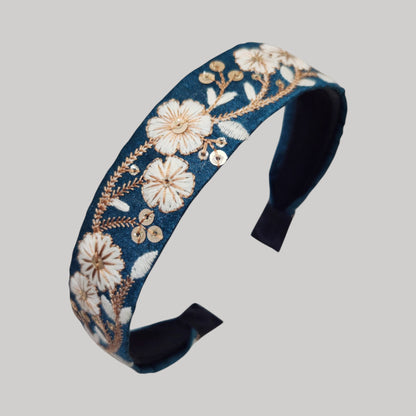 白花藤蔓・孔雀藍刺繡緞帶髮箍