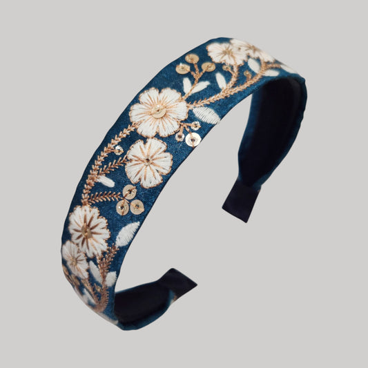 白花藤蔓・孔雀藍刺繡緞帶髮箍