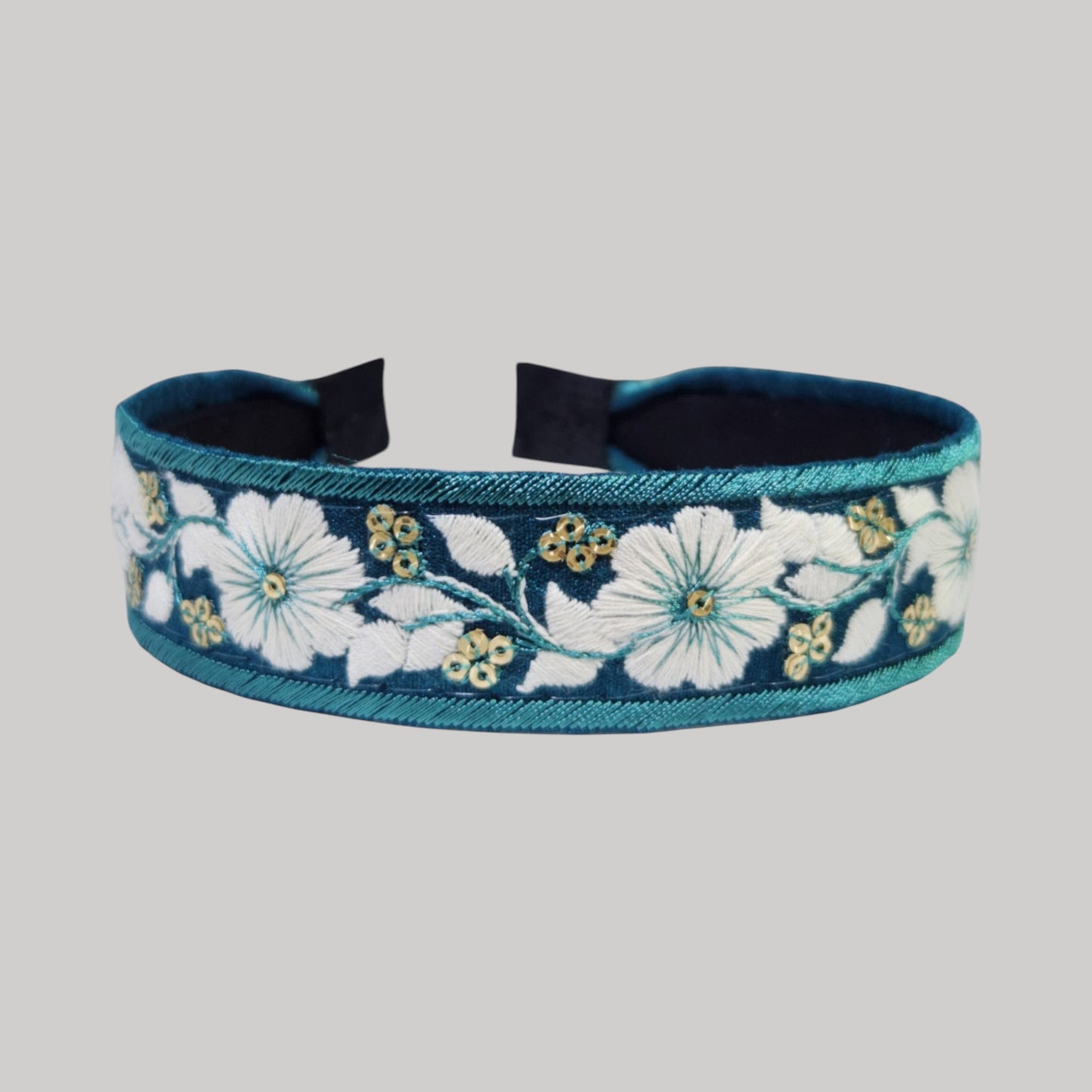白花藍邊・孔雀藍刺繡緞帶髮箍