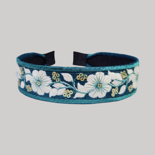 白花藍邊・孔雀藍刺繡緞帶髮箍