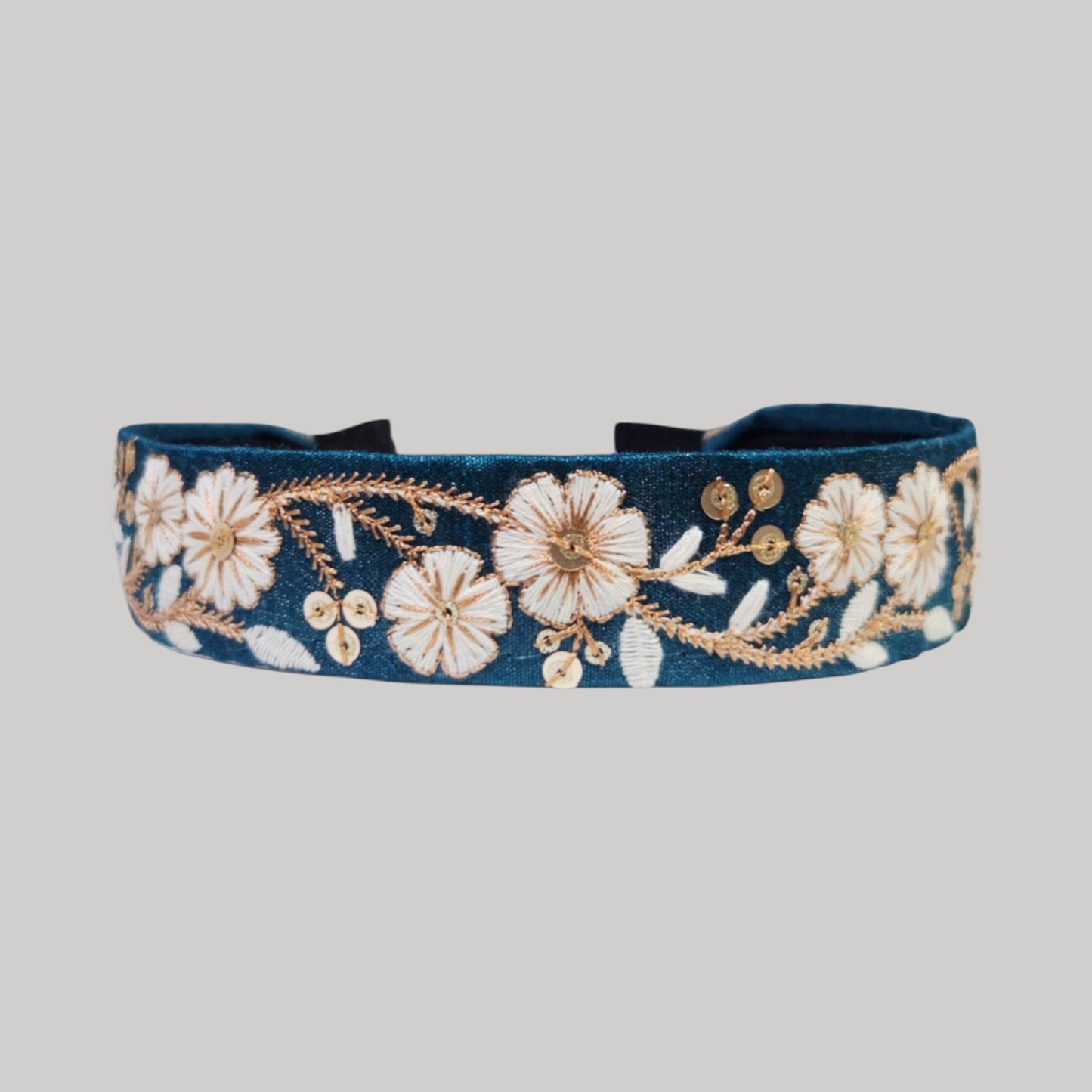 白花藤蔓・孔雀藍刺繡緞帶髮箍