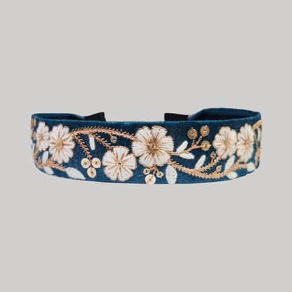 白花藤蔓・孔雀藍刺繡緞帶髮箍