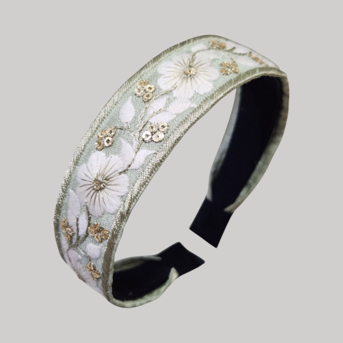 粉彩花漾・淺綠色刺繡緞帶髮箍