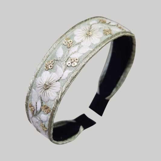 粉彩花漾・淺綠色刺繡緞帶髮箍
