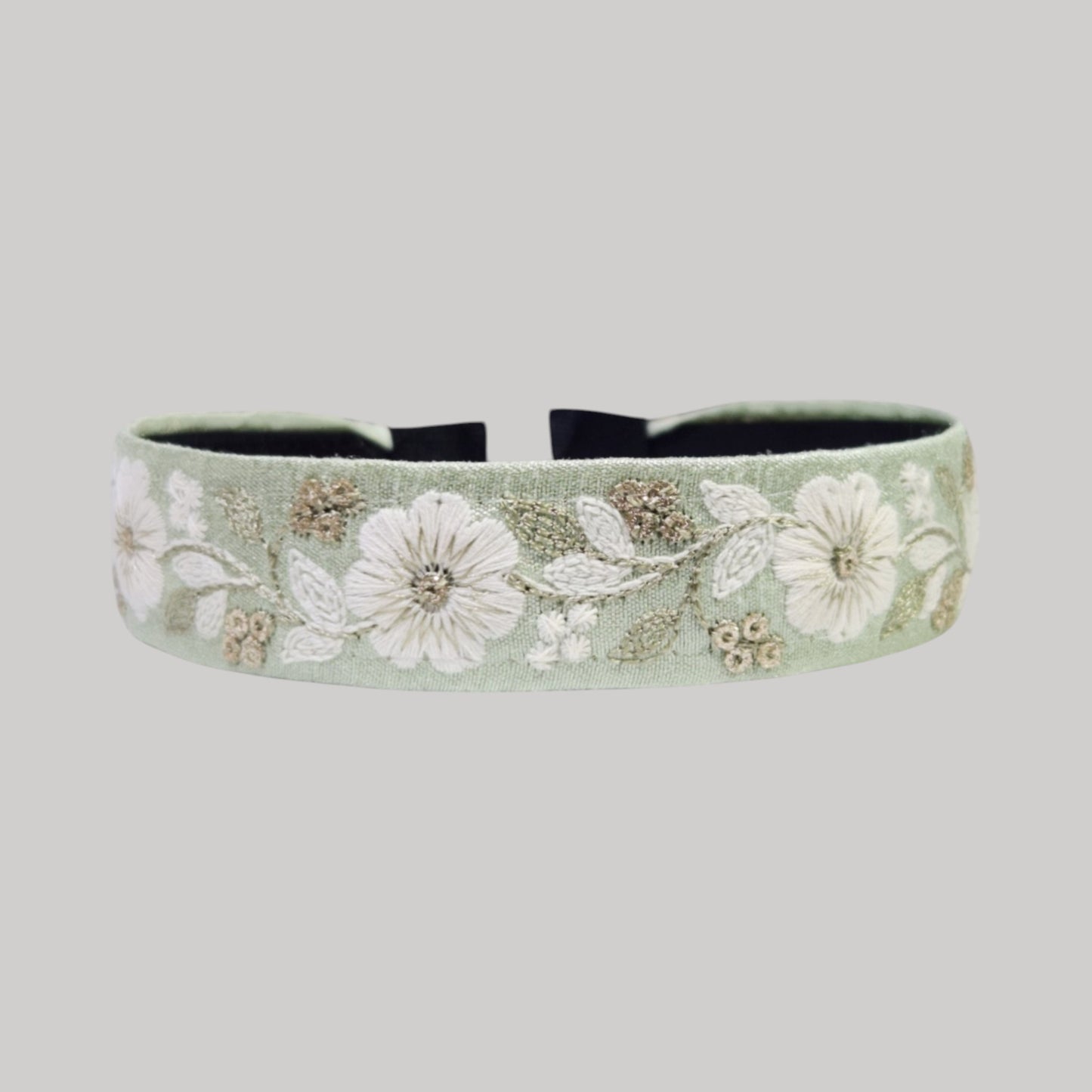 淡綠白花・綠色刺繡緞帶髮箍