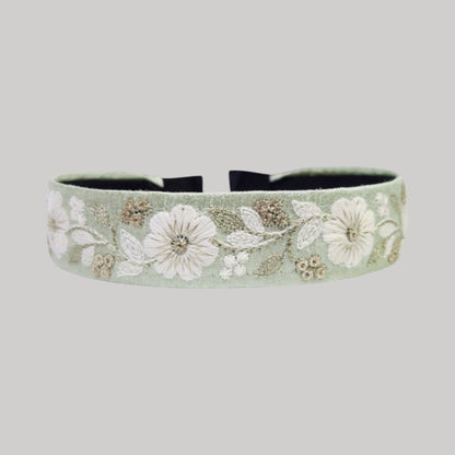 淡綠白花・綠色刺繡緞帶髮箍