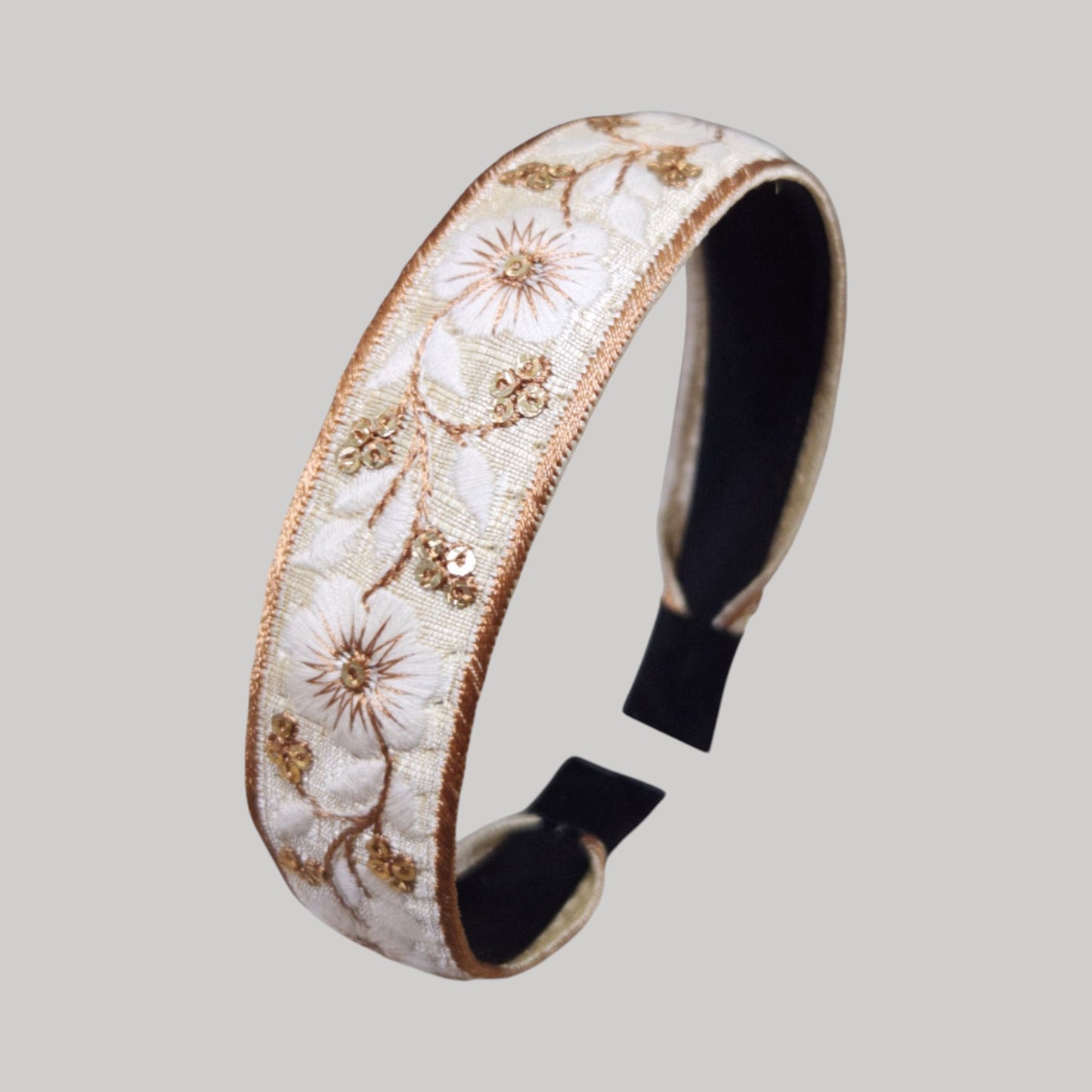 白花銅邊・米金色刺繡緞帶髮箍