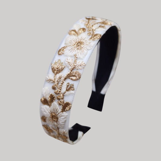 白花金葉・白色刺繡緞帶髮箍