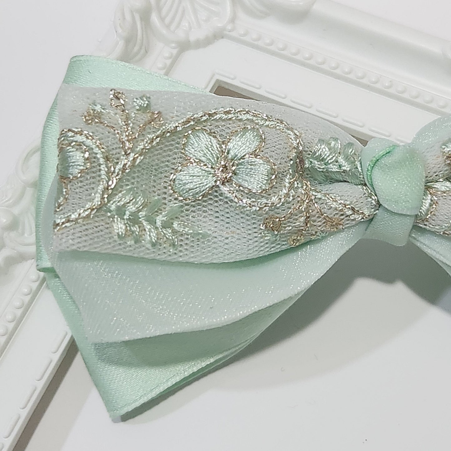 薄荷香氛・刺繡緞帶蝴蝶結髮飾