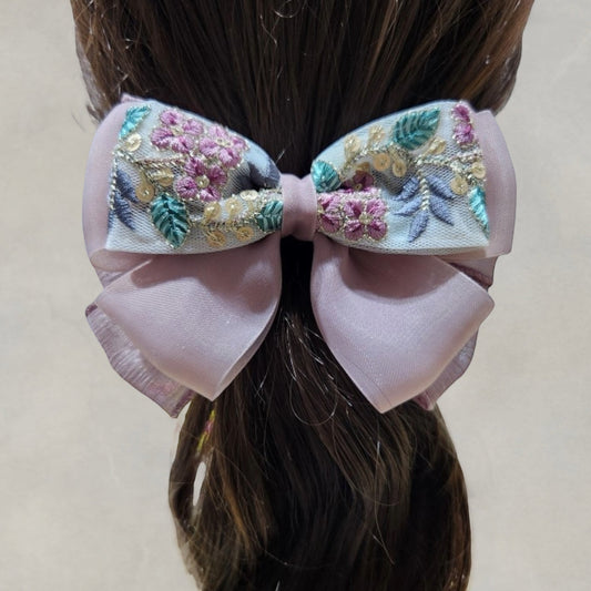 藕紫花簇・刺繡緞帶蝴蝶結髮飾