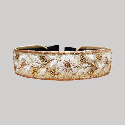 白花銅邊・米金色刺繡緞帶髮箍