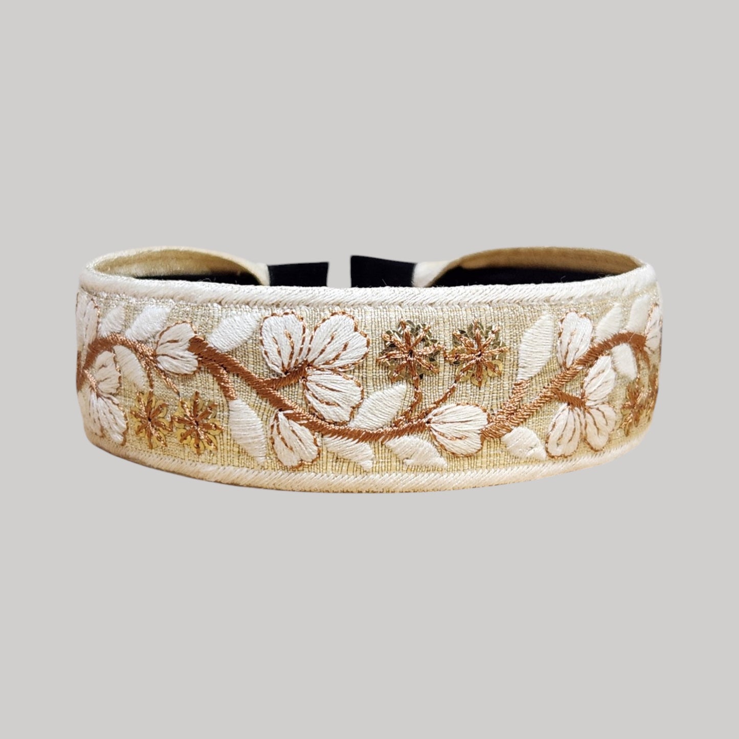 白花葉古銅藤蔓・米白色刺繡緞帶髮箍