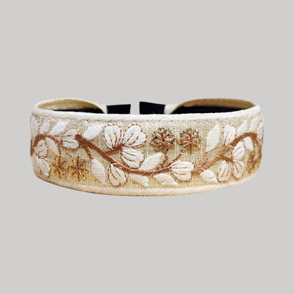 白花葉古銅藤蔓・米白色刺繡緞帶髮箍