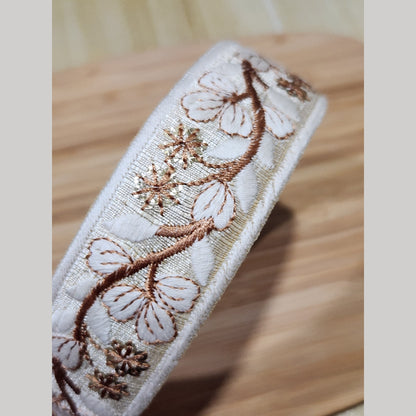 白花葉古銅藤蔓・米白色刺繡緞帶髮箍