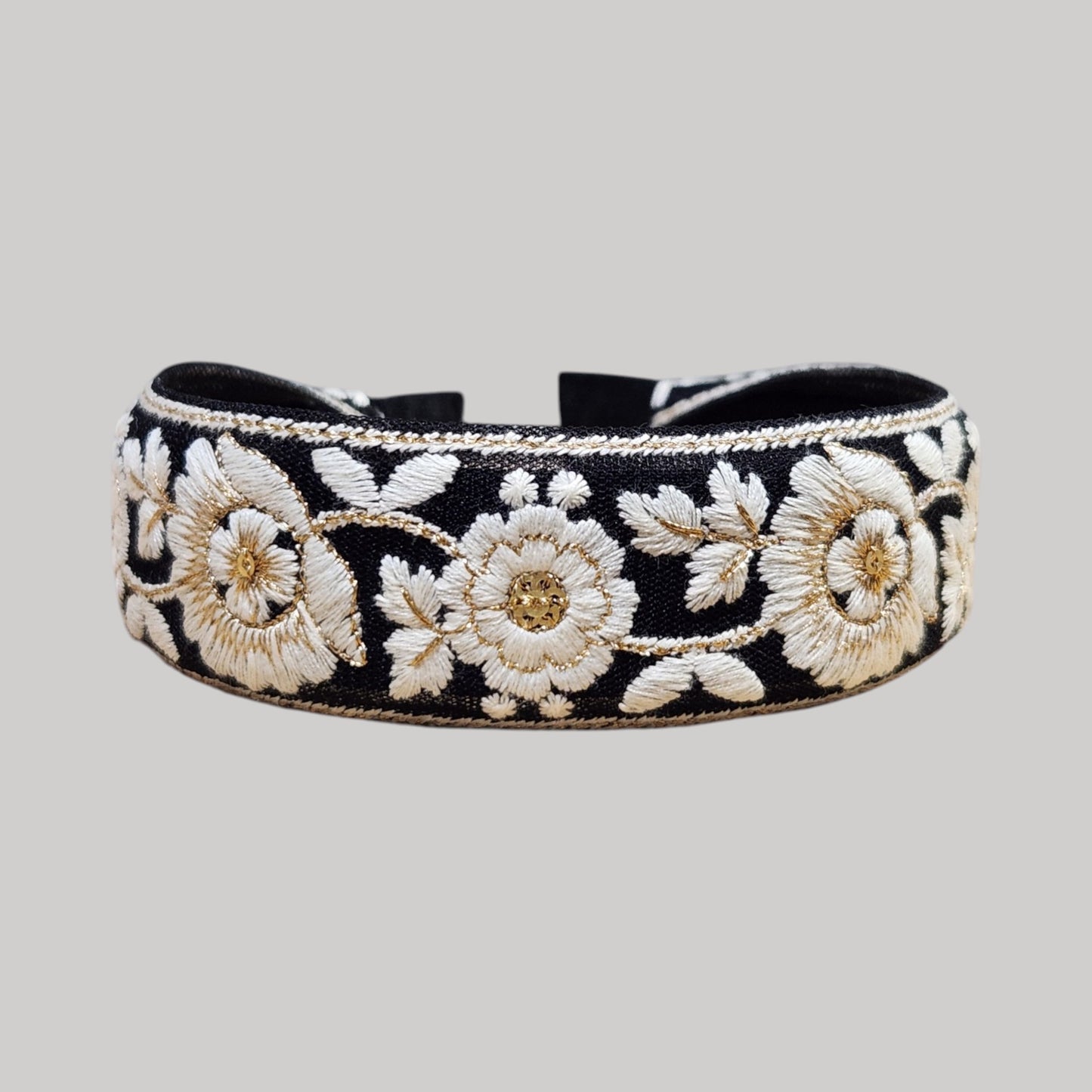 白花鑲金線・黑色刺繡緞帶寬髮箍