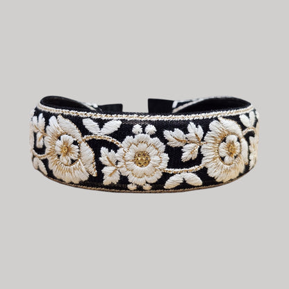 白花鑲金線・黑色刺繡緞帶寬髮箍