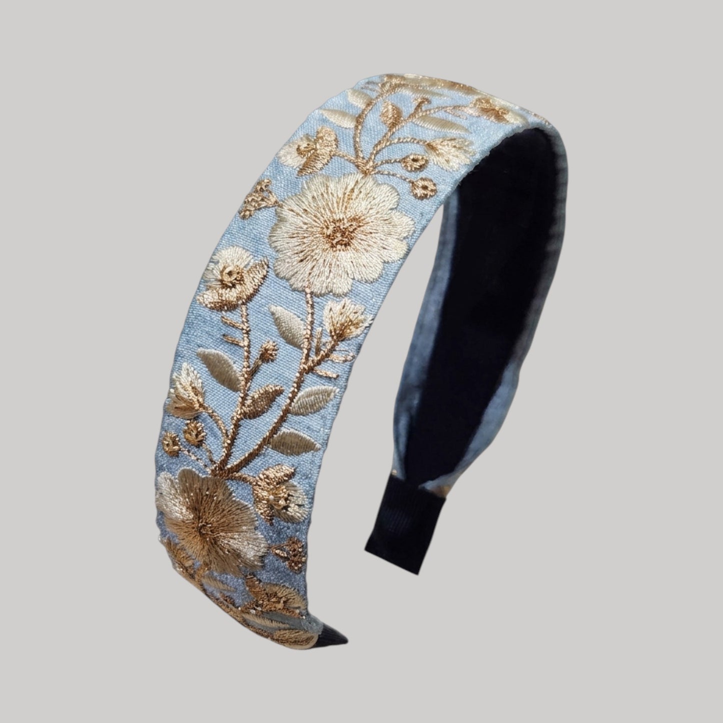 金線花朵・淺藍色刺繡緞帶
