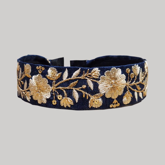 金線花朵・深藍色刺繡緞帶髮箍
