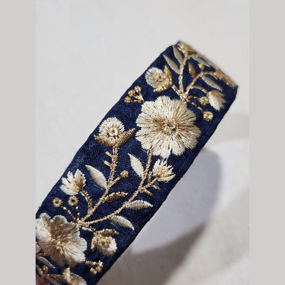 金線花朵・深藍色刺繡緞帶髮箍
