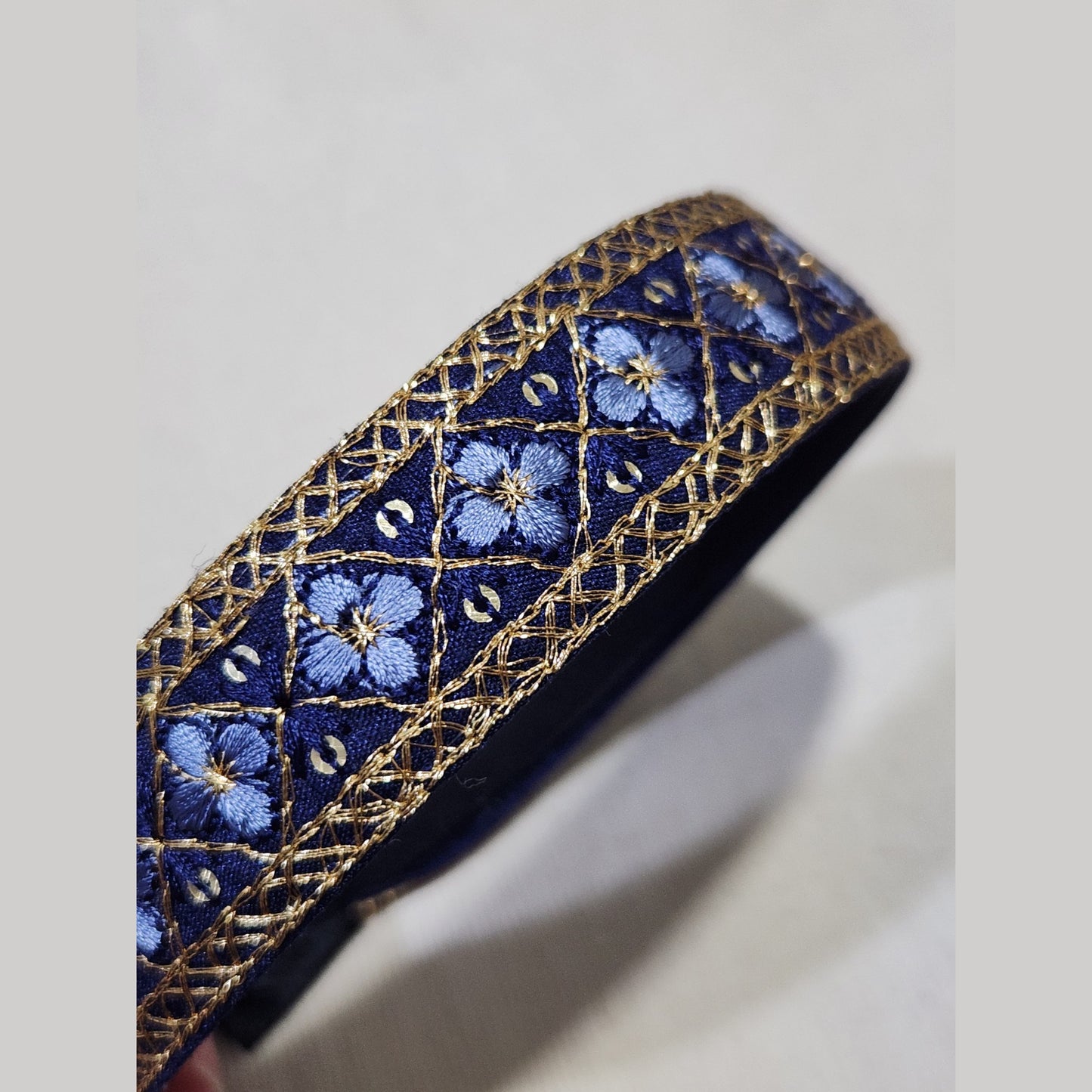 金格深藍花・深藍色刺繡緞帶髮箍