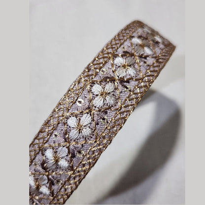 金格花朵・藕褐色刺繡緞帶髮箍