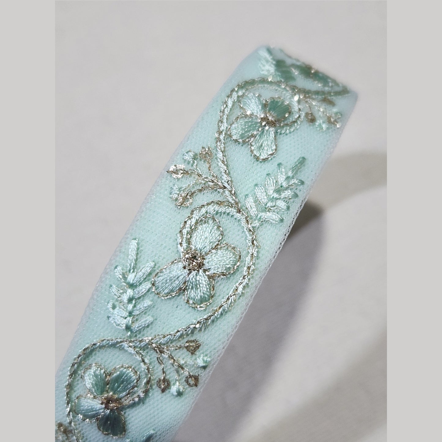 銀絲藤蔓・薄荷綠色刺繡緞帶髮箍