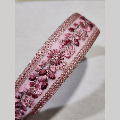 亮片銀蔓・粉紅刺繡緞帶髮箍