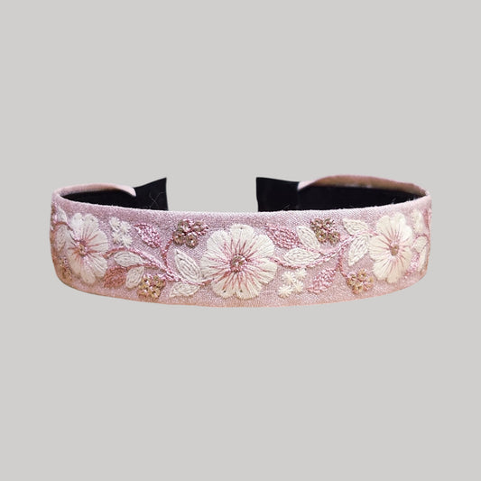 淡粉白花・粉紅色刺繡緞帶髮箍