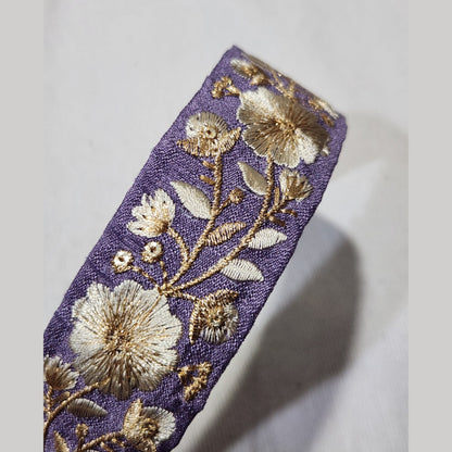 金線花朵・紫色刺繡緞帶髮箍