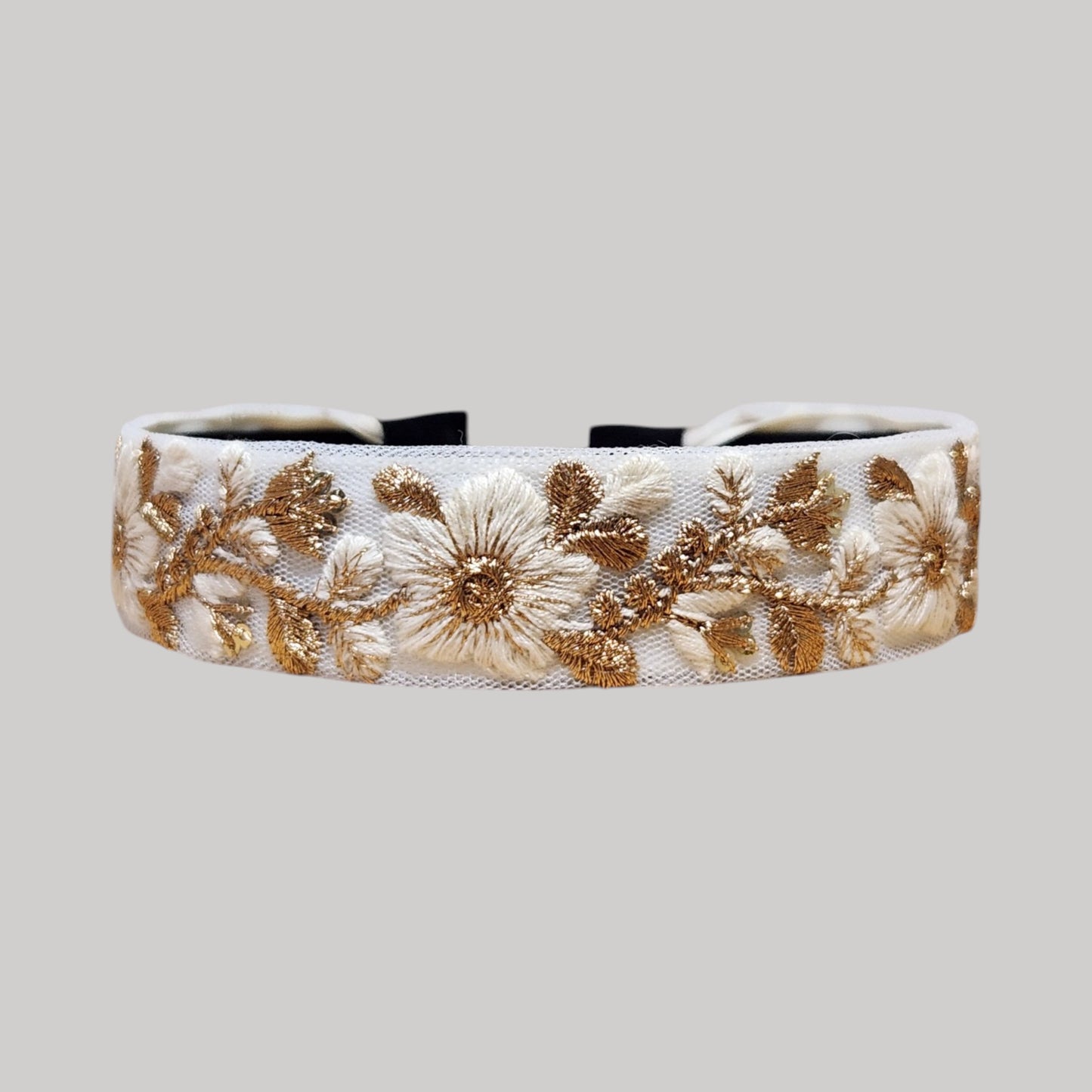 白花金葉・白色刺繡緞帶髮箍